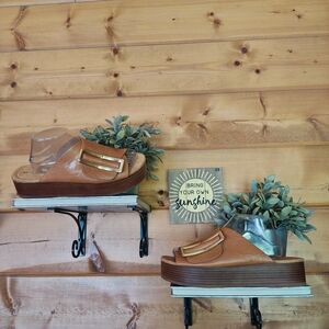 Kelsi Dagger Dover Light Saddle Brown Leather Platform Slide Sandals Mules Sz 11